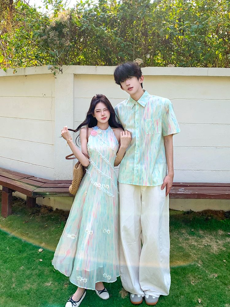 Tie-Dye Button-Up Shirt & Lace Halter A-Line Midi Dress