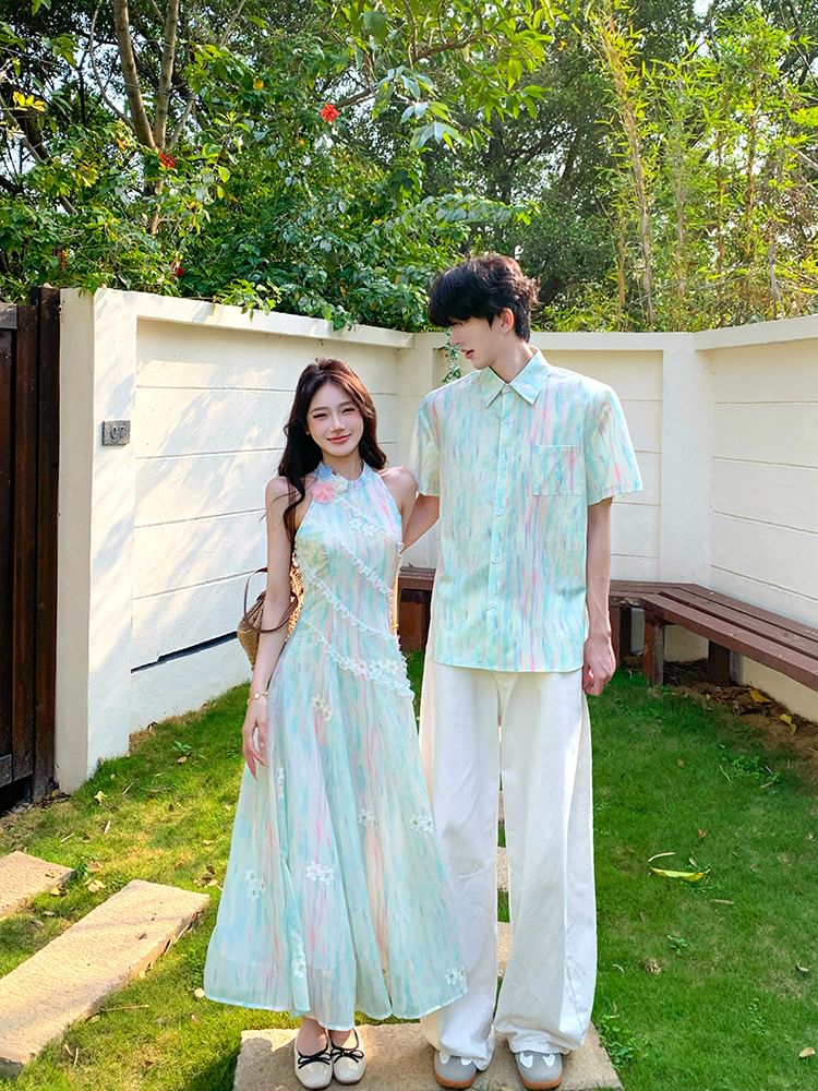 Tie-Dye Button-Up Shirt & Lace Halter A-Line Midi Dress