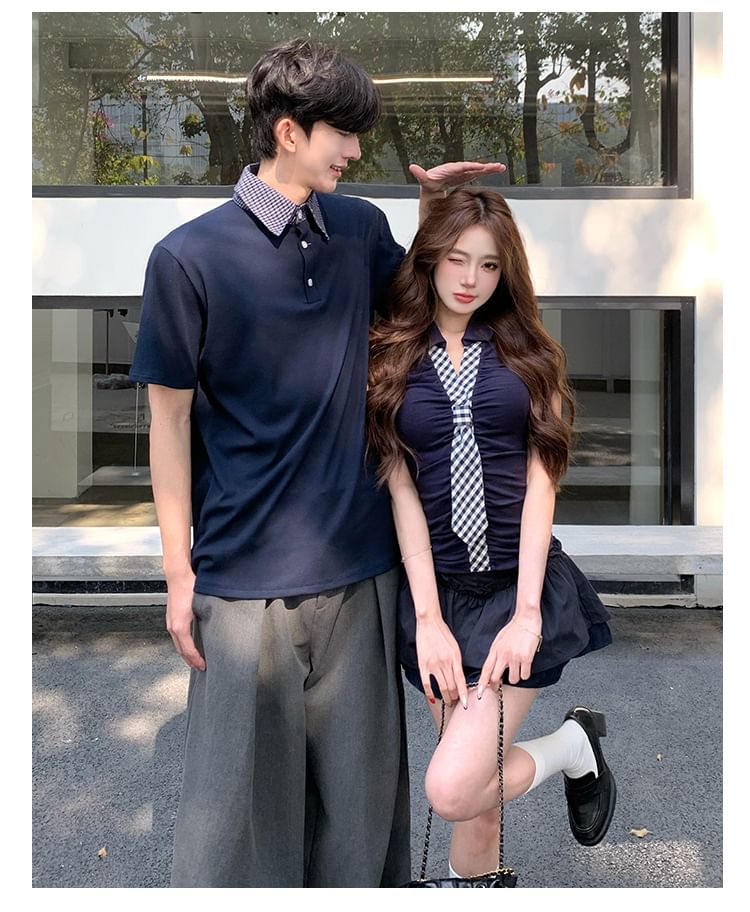 Gingham Collar Polo Shirt & Tie-Neck Top with Layered Skirt