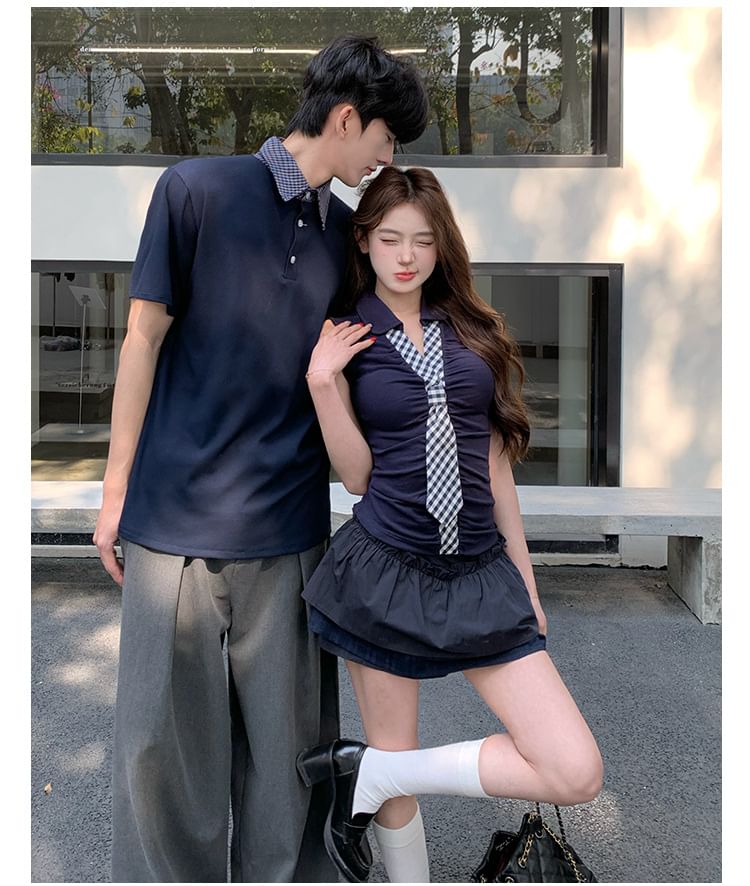 Gingham Collar Polo Shirt & Tie-Neck Top with Layered Skirt