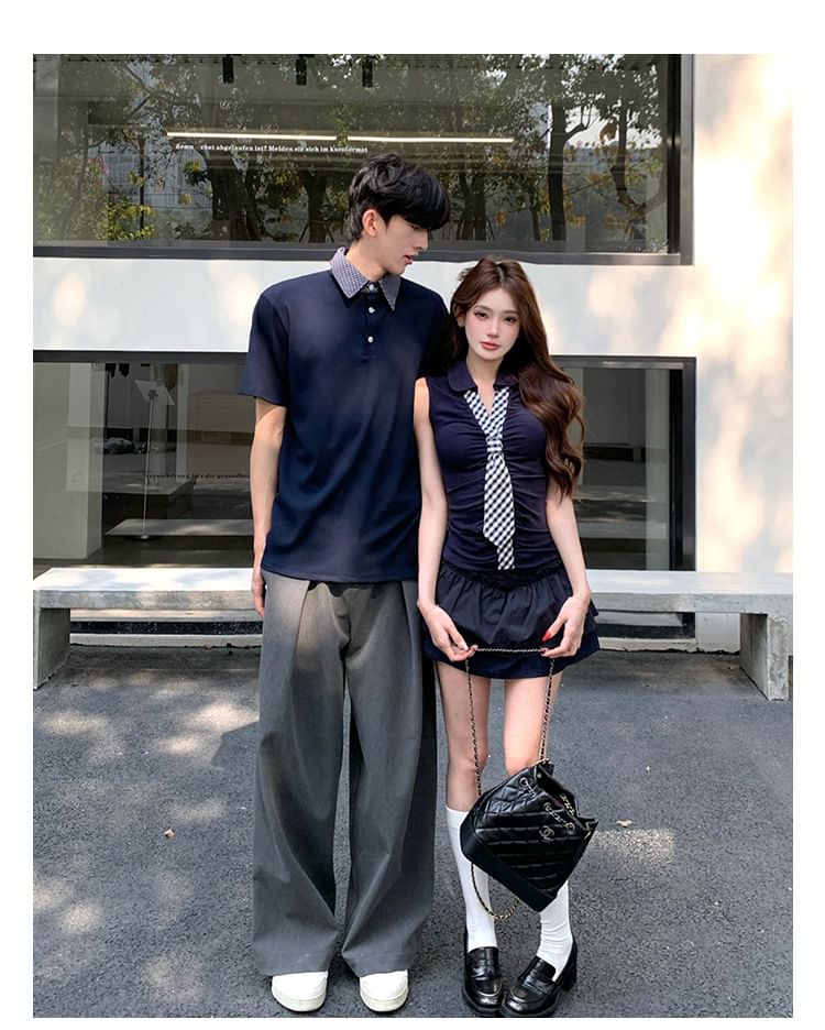 Gingham Collar Polo Shirt & Tie-Neck Top with Layered Skirt
