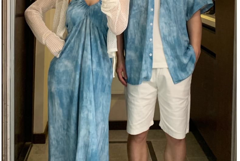 Couple Tie-Dye Button-Up & Sundress & Cape & Tee & Shorts Set
