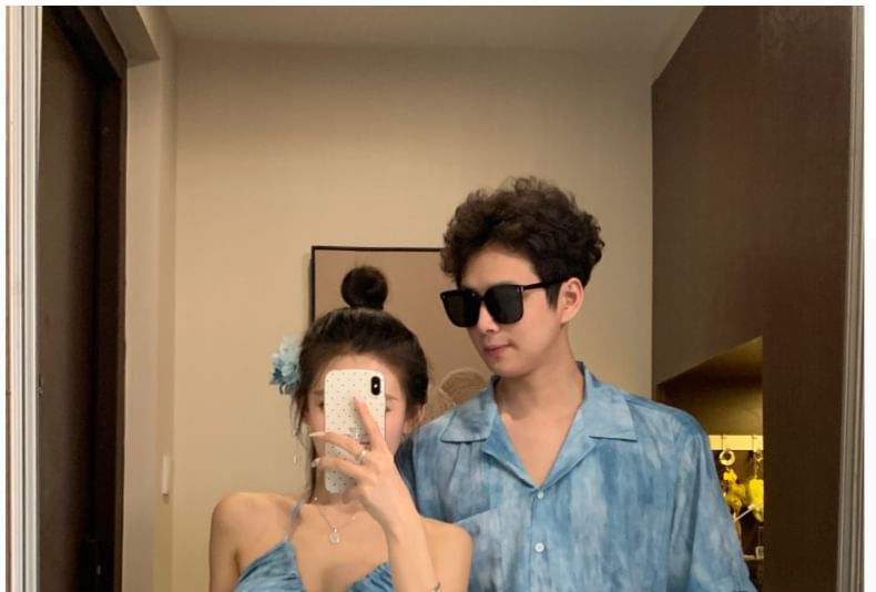 Couple Tie-Dye Button-Up & Sundress & Cape & Tee & Shorts Set