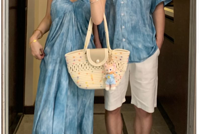 Couple Tie-Dye Button-Up & Sundress & Cape & Tee & Shorts Set