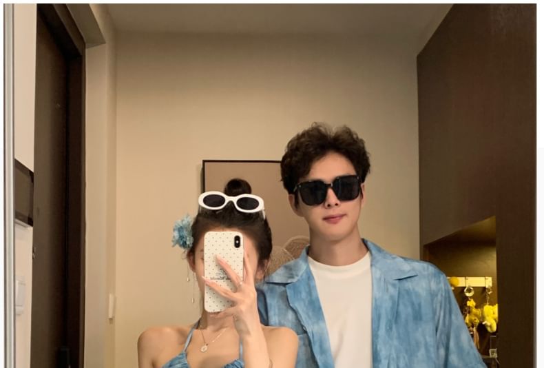 Couple Tie-Dye Button-Up & Sundress & Cape & Tee & Shorts Set