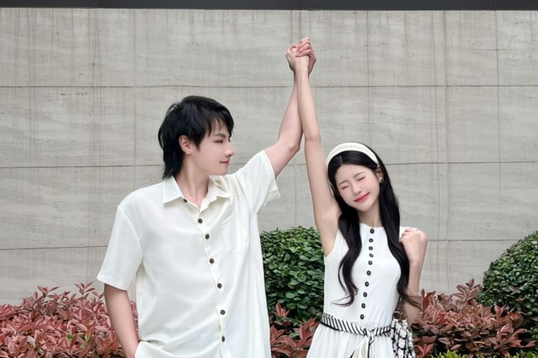 Couple Plain Button-Up & A-Line Dress & Scarf Set