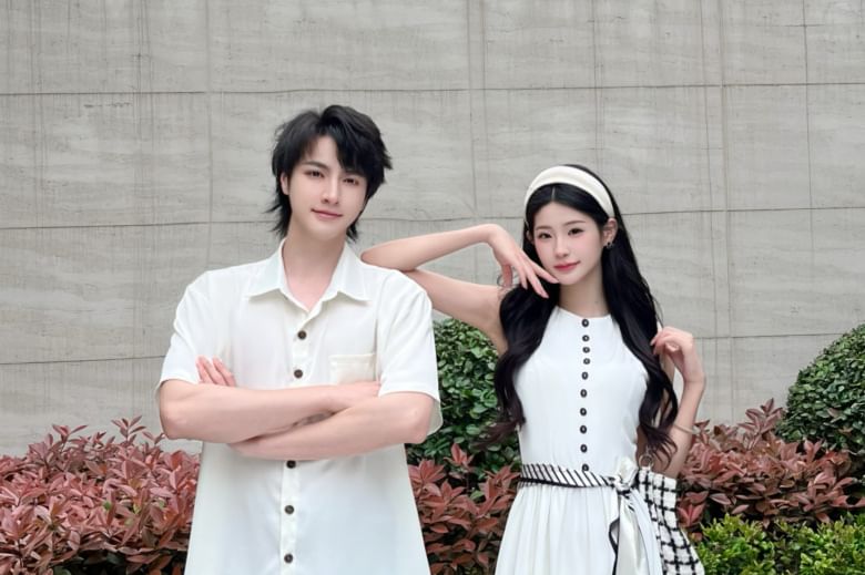Couple Plain Button-Up & A-Line Dress & Scarf Set