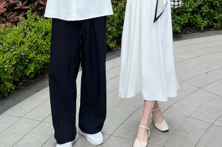 Couple Plain Button-Up & A-Line Dress & Scarf Set