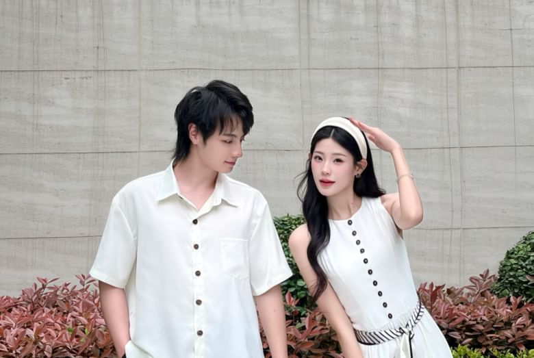 Couple Plain Button-Up & A-Line Dress & Scarf Set