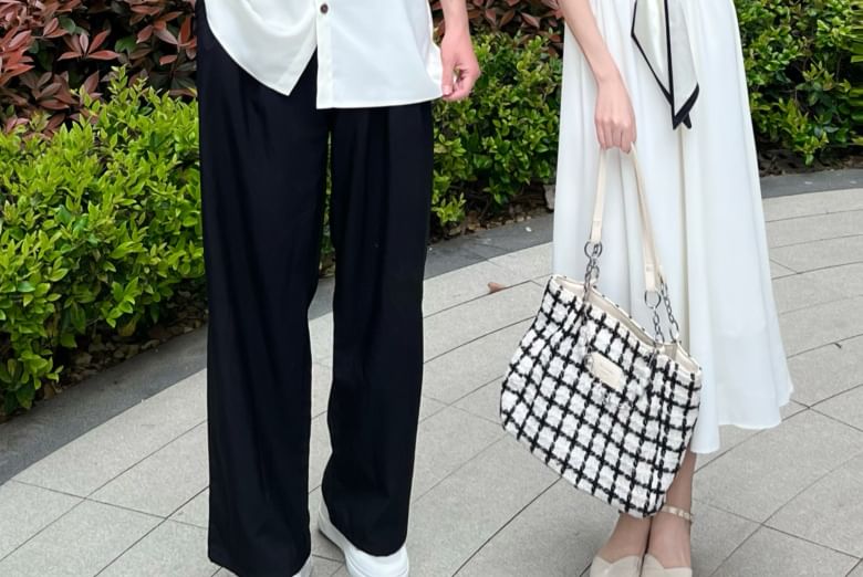 Couple Plain Button-Up & A-Line Dress & Scarf Set