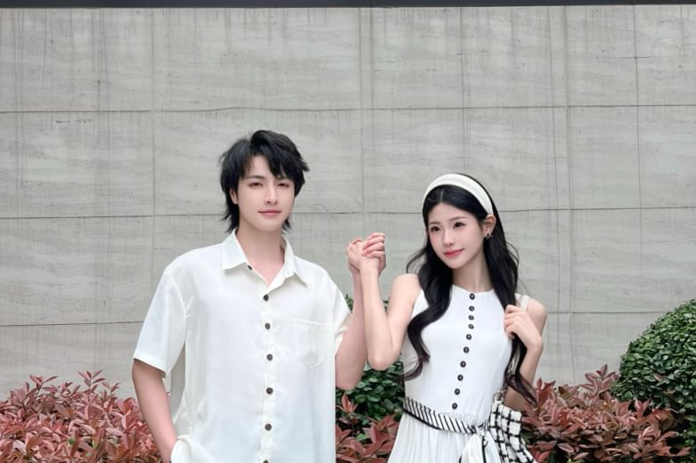 Couple Plain Button-Up & A-Line Dress & Scarf Set