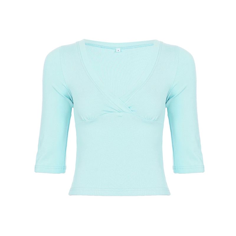 Slim-Fit V-Neck Elbow Sleeve Crop Tee