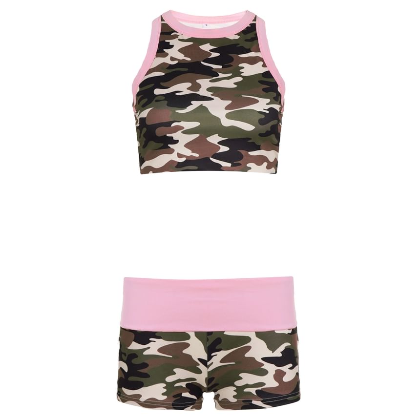 Camouflage Contrast-Trim Crop Tank & High-Waist Shorts Set