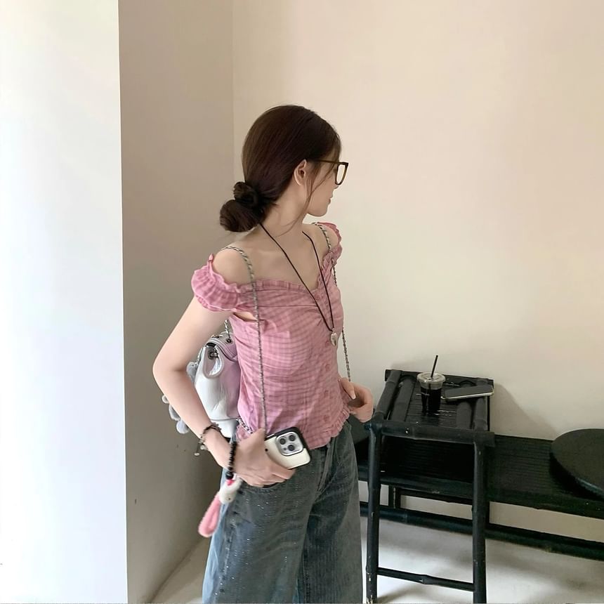 Off-Shoulder Plaid Frill Trim Crop Top