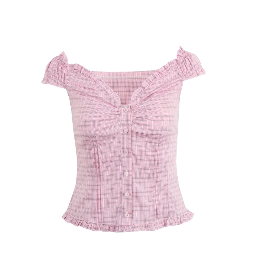Off-Shoulder Plaid Frill Trim Crop Top