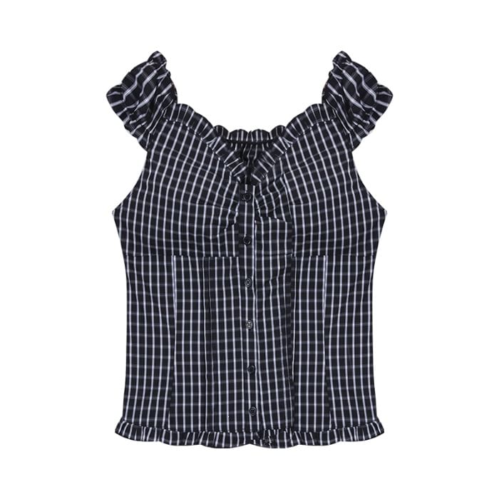 Off-Shoulder Plaid Frill Trim Crop Top
