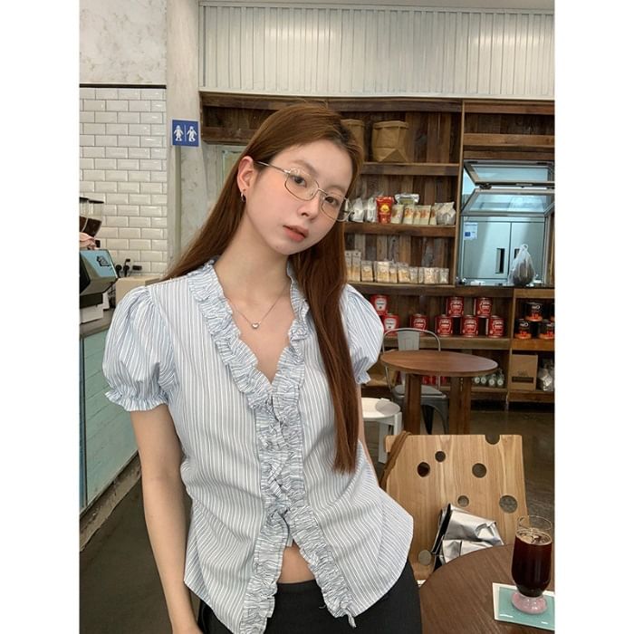 Puff-Sleeve V-Neck Striped Ruched Blouse
