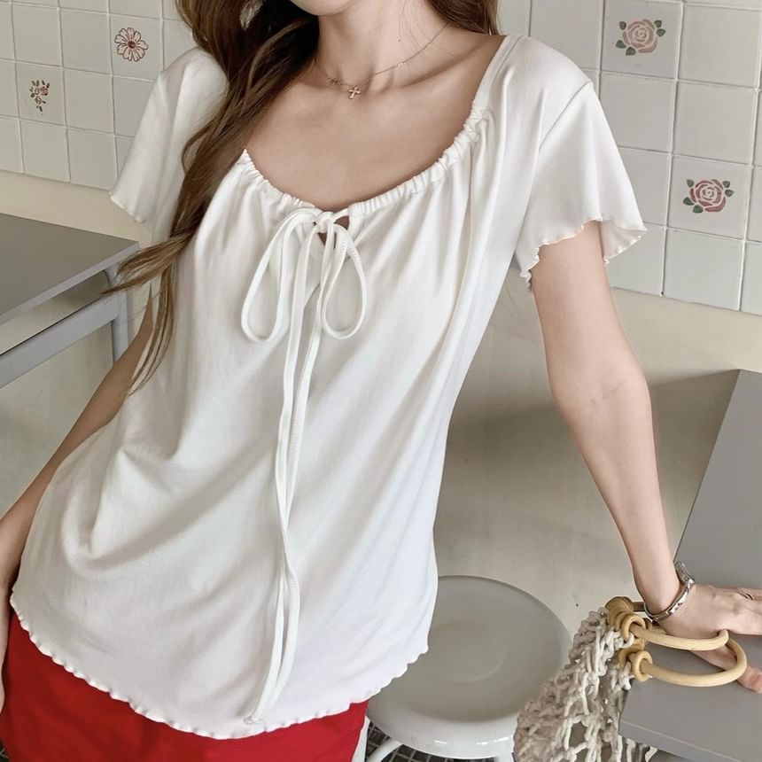 Scoop Neck Tie Front Short-Sleeve Top