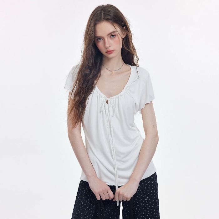 Scoop Neck Tie Front Short-Sleeve Top