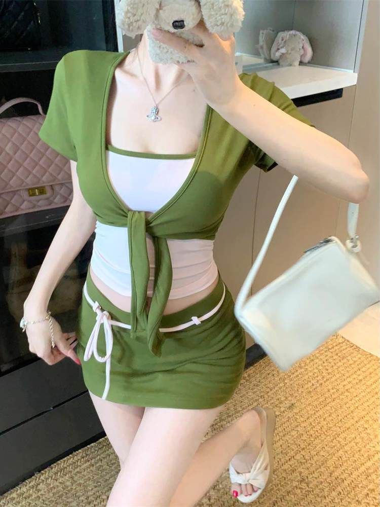 Tie Front Bolero, Mini Skirt, and Camisole Set