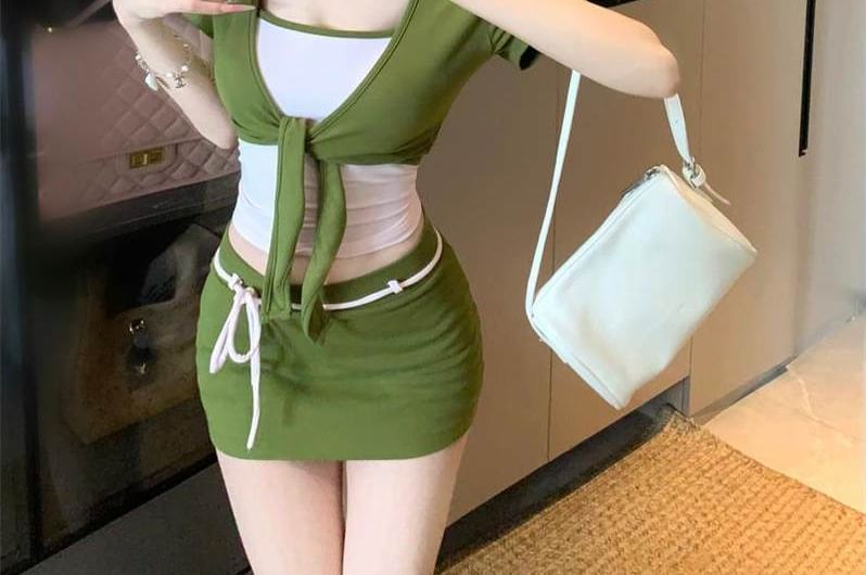Tie Front Bolero, Mini Skirt, and Camisole Set