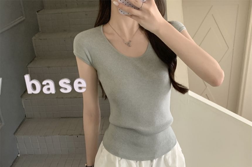 Round Neck Ribbed Knit Short-Sleeve Top