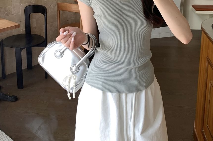 Round Neck Ribbed Knit Short-Sleeve Top