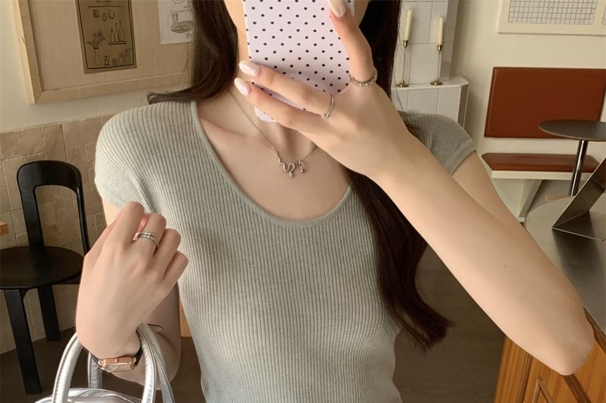 Round Neck Ribbed Knit Short-Sleeve Top