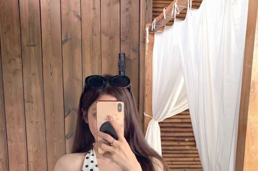 Padded Polka Dot Open Back Halter Crop Top