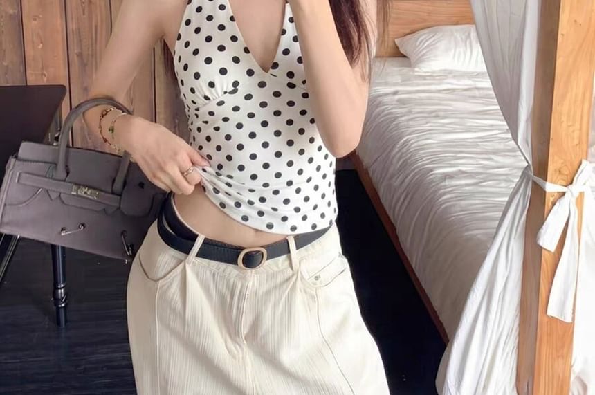 Padded Polka Dot Open Back Halter Crop Top