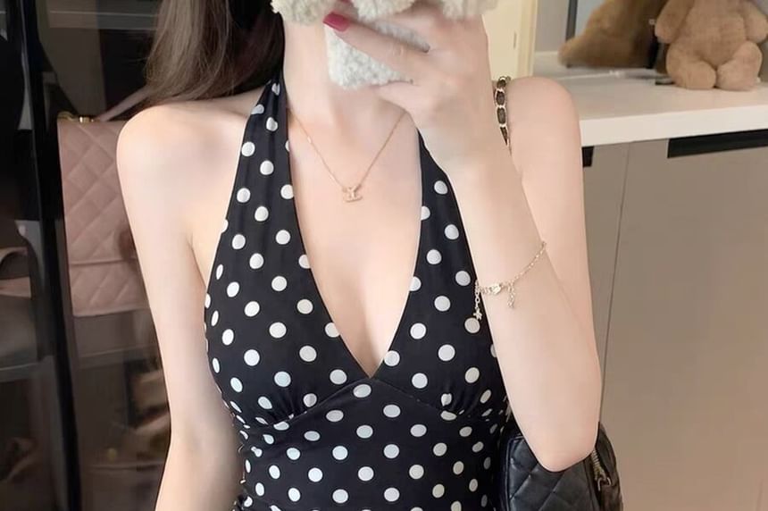 Padded Polka Dot Open Back Halter Crop Top