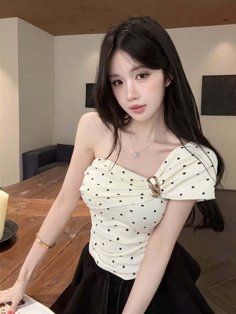 Polka Dot Ruched One-Shoulder Mini Tee