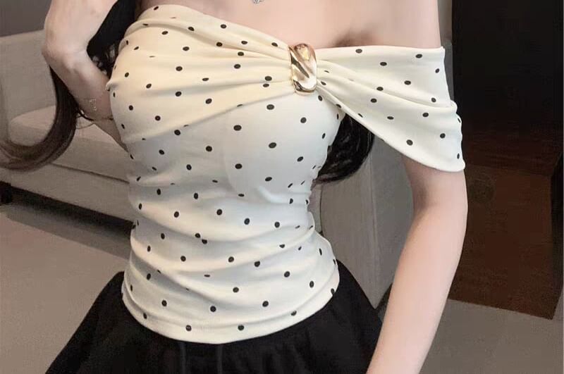 Polka Dot Ruched One-Shoulder Mini Tee