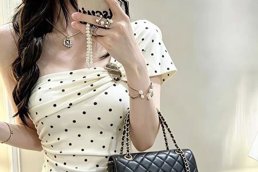 Polka Dot Ruched One-Shoulder Mini Tee