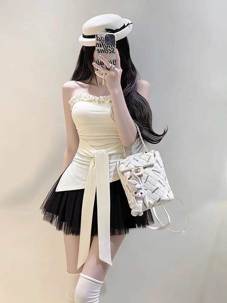 Asymmetric Frill Trim Ruched Tie Waist Tube Crop