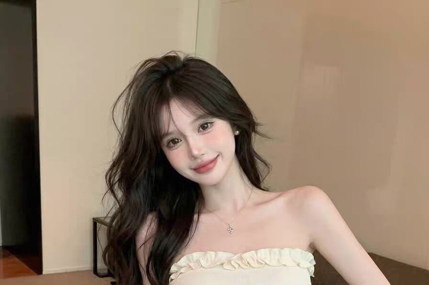 Asymmetric Frill Trim Ruched Tie Waist Tube Crop