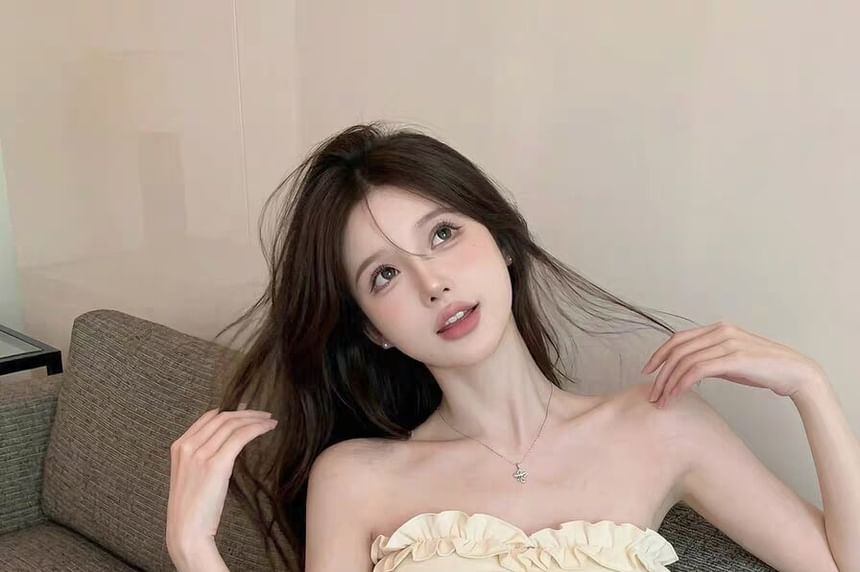 Asymmetric Frill Trim Ruched Tie Waist Tube Crop