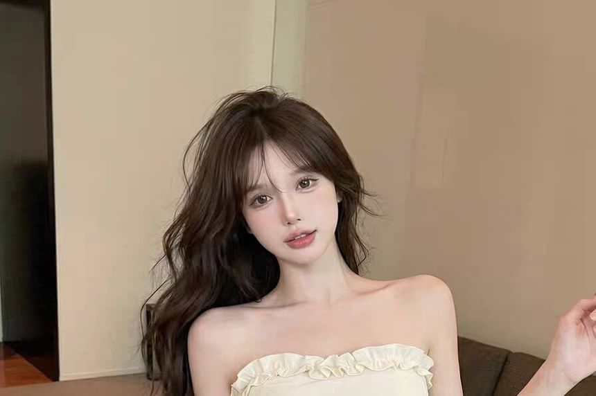 Asymmetric Frill Trim Ruched Tie Waist Tube Crop