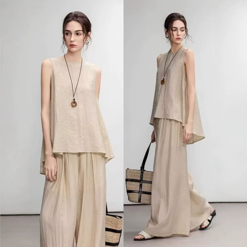 Linen Crewneck Sleeveless Top & Wide Leg Pants Set