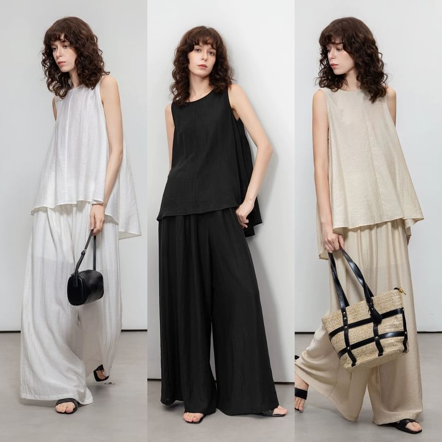 Linen Crewneck Sleeveless Top & Wide Leg Pants Set