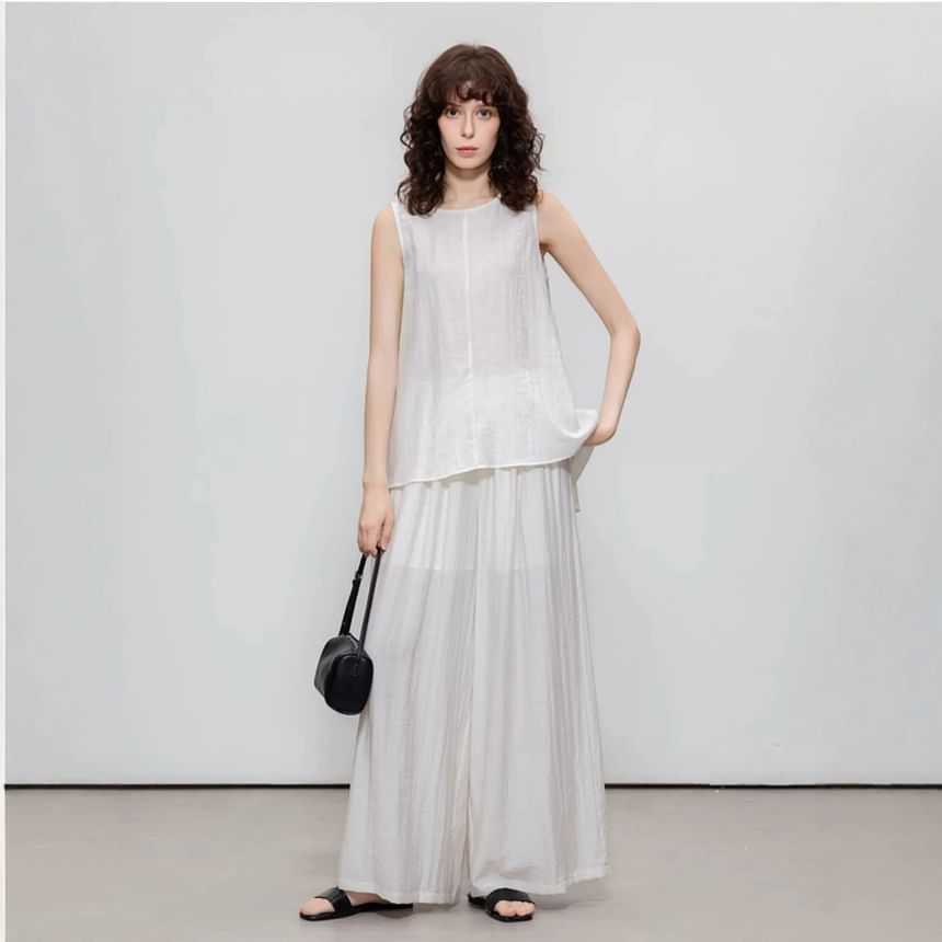 Linen Crewneck Sleeveless Top & Wide Leg Pants Set