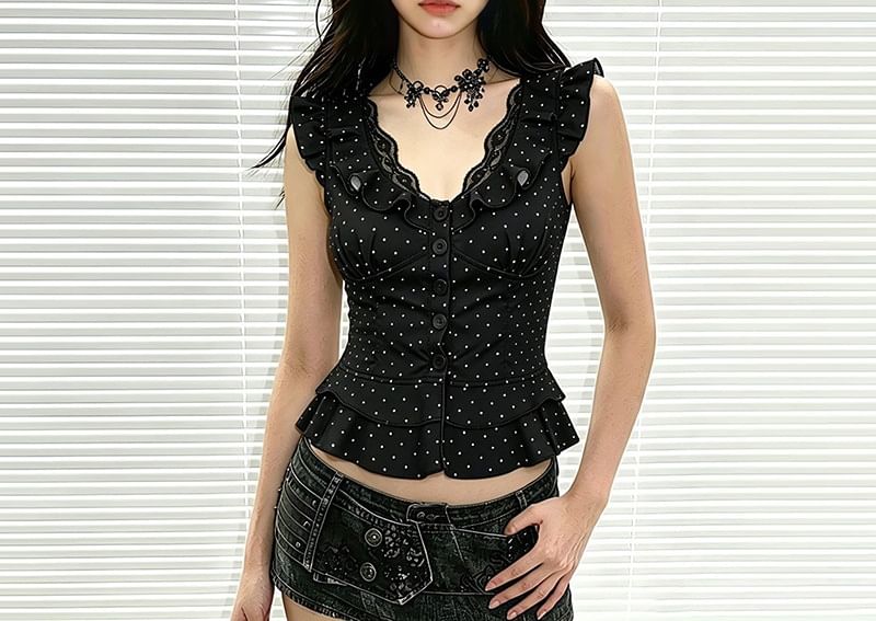 V-Neck Dotted Crop Top