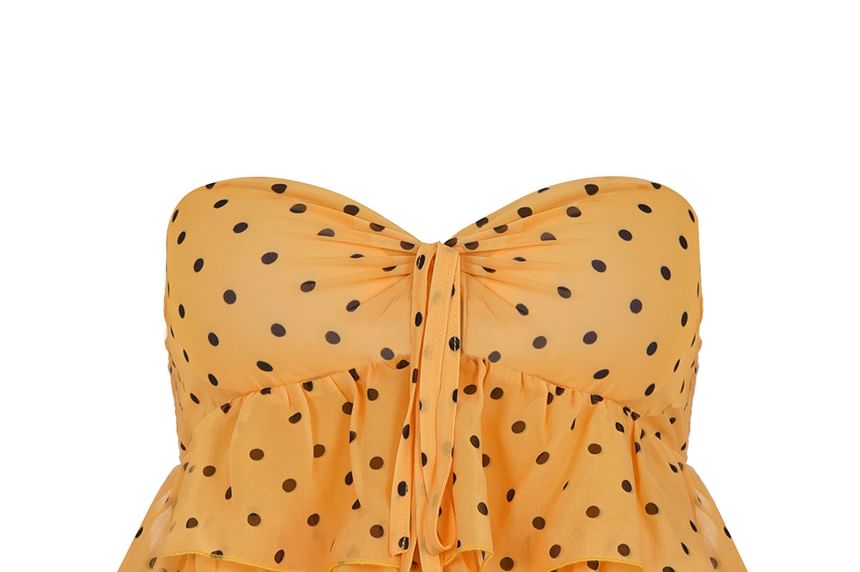 Strapless Polka Dot Ruffle Crop Top