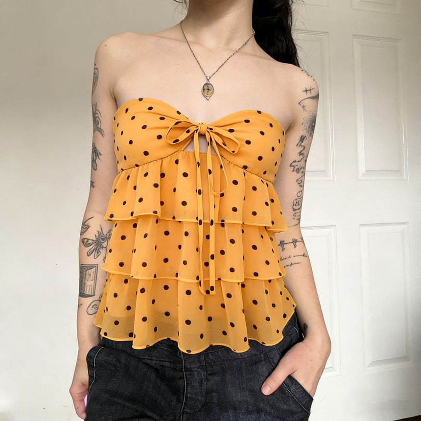 Strapless Polka Dot Ruffle Crop Top