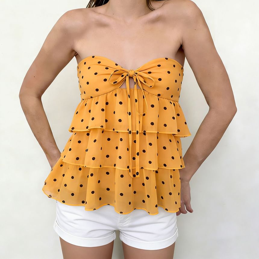 Strapless Polka Dot Ruffle Crop Top
