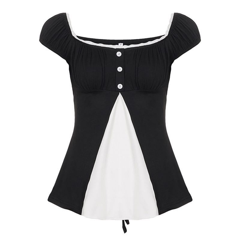 Cap-Sleeve Square Neck Lace Trim Crop Top