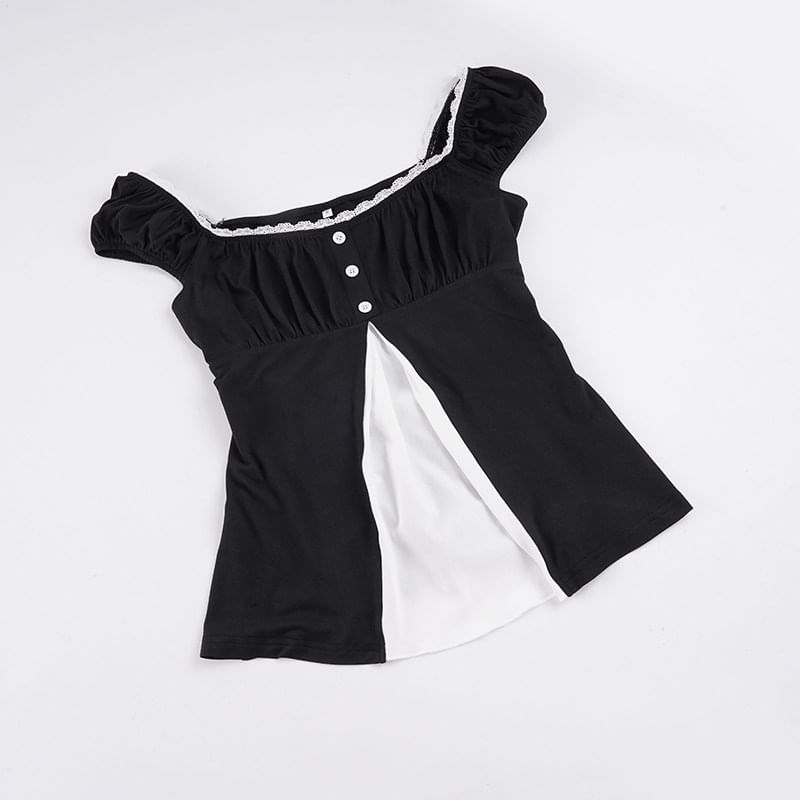 Cap-Sleeve Square Neck Lace Trim Crop Top