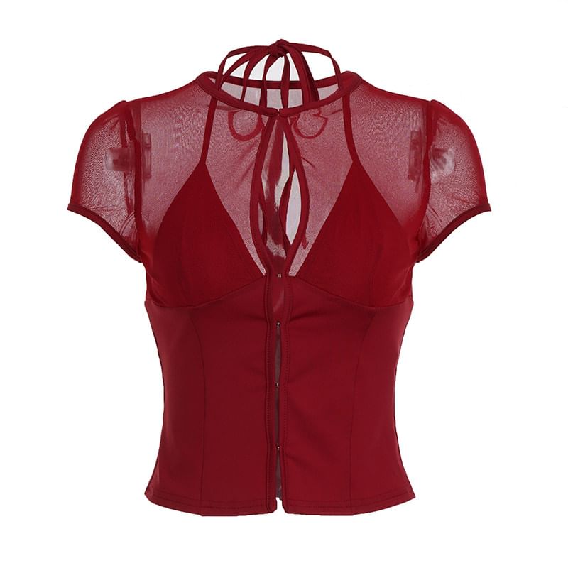 Cap-Sleeve Sheer Cutout Crop Top