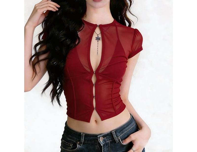Cap-Sleeve Sheer Cutout Crop Top