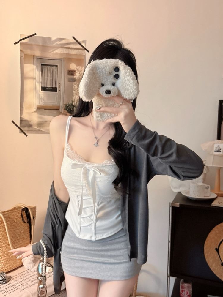 Lace Crop Camisole with Ribbon Accent